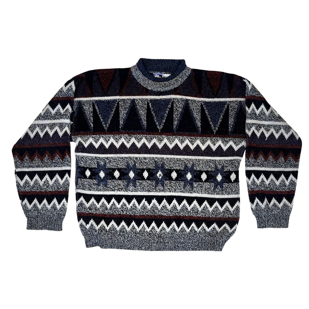 Vintage Today's News Sweater XL Double Collar Geometric Knit Acrylic Korea 80s